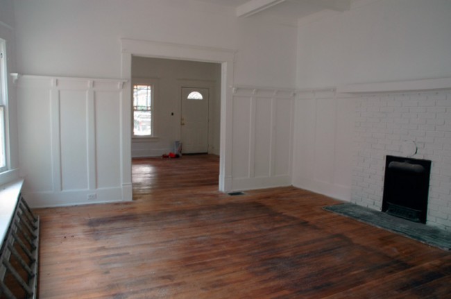 View to living room and coal fire place.