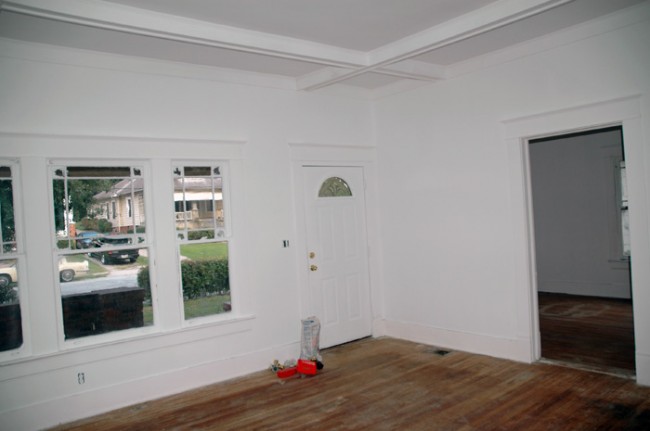 Front door and coffered ceiling.