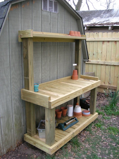 DIY potting bench behind the shed.