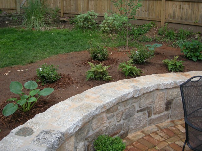 Azaleas, hostas, ferns, and a hydrangea in the shady area behind the patio.